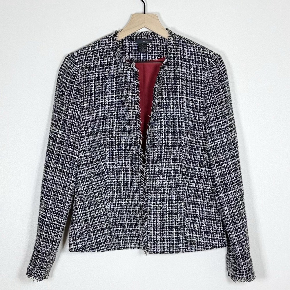 WDNY Womens Tweed Jacket Size 6 Black White Fringe Lined Open Front Chic Career